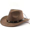 Brown leather velvet curved-edge western cowboy hat with a conical crown on a plain background.
