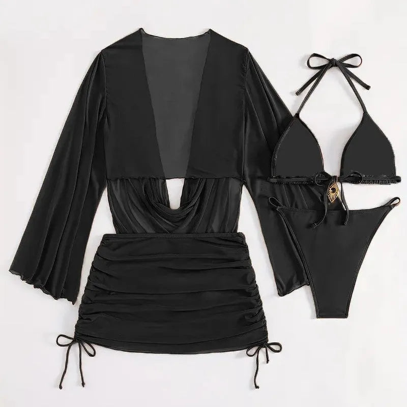Women's dark brown lace-up bikini swimsuit with backless design and briefs-style bottom