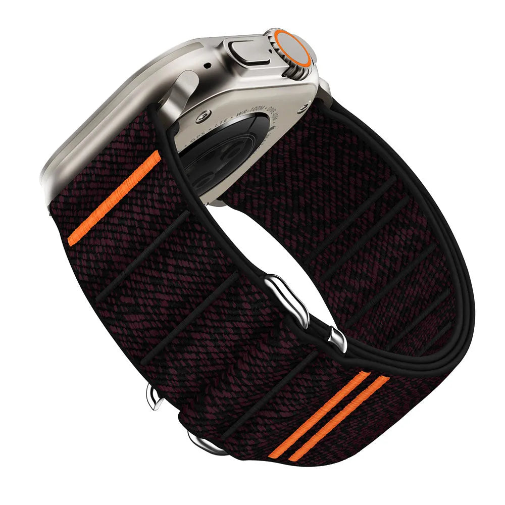 Elastic nylon Apple Watch compatible band with stainless steel buckle shown in multiple colour options