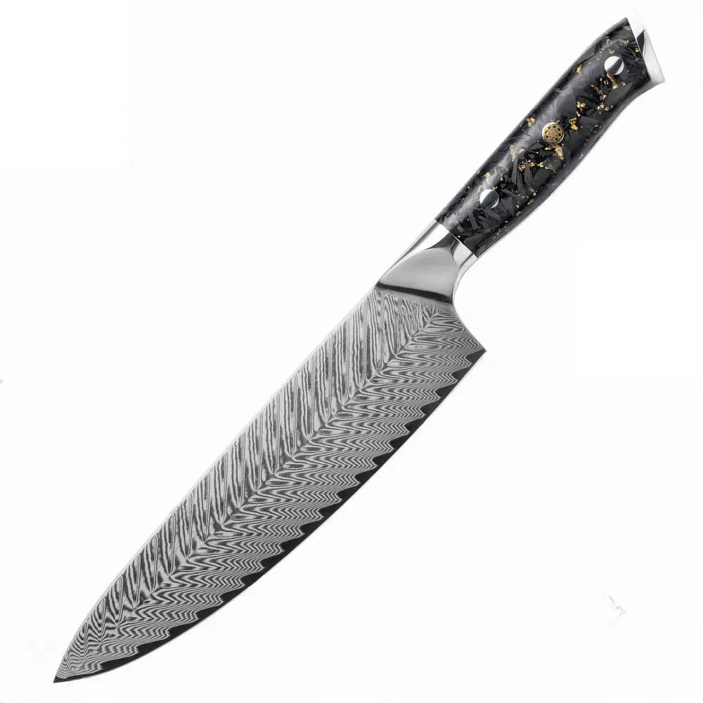 Damascus steel kitchen knife set showing eight different blade sizes with fishbone pattern detailing