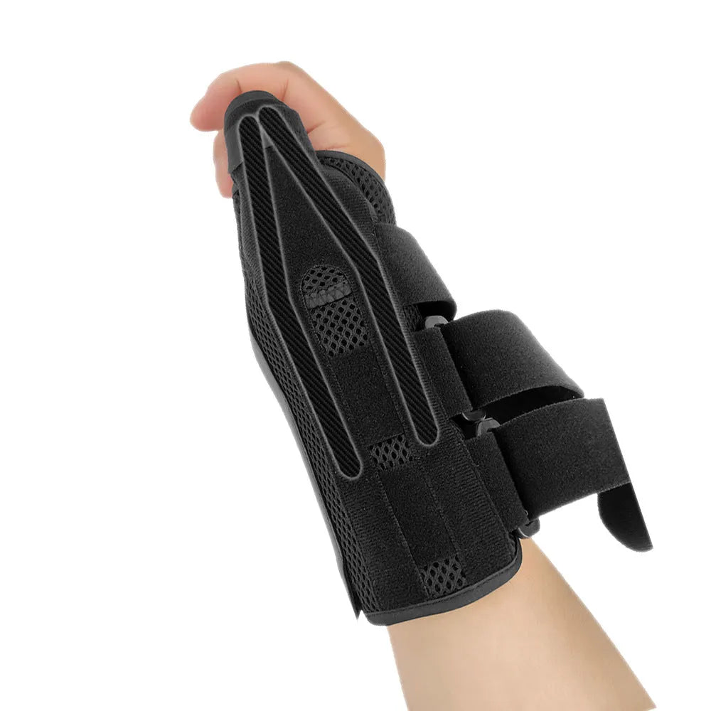 Black carbon fibre sports wrist guard with thumb strap and grey edging