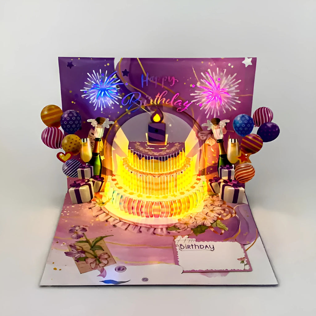 Chinese ink style 3D birthday cake greeting card with light music mechanism, 15x20cm