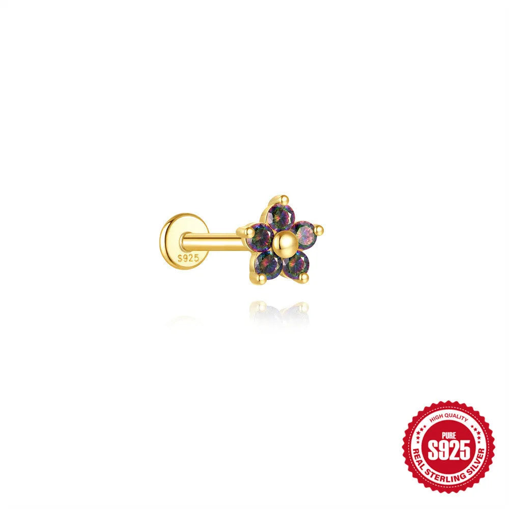 S925 sterling silver flat head thread ear stud with super shiny rainbow stone finish in a gold colour.
