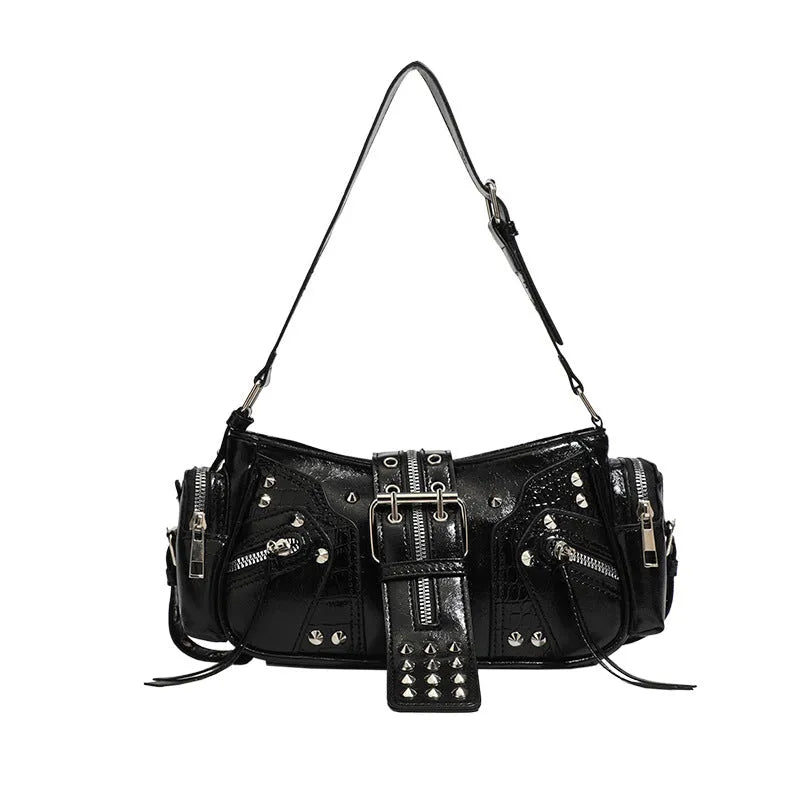 Black dumpling-shaped retro handbag with oil wax PU leather and organised interior compartments