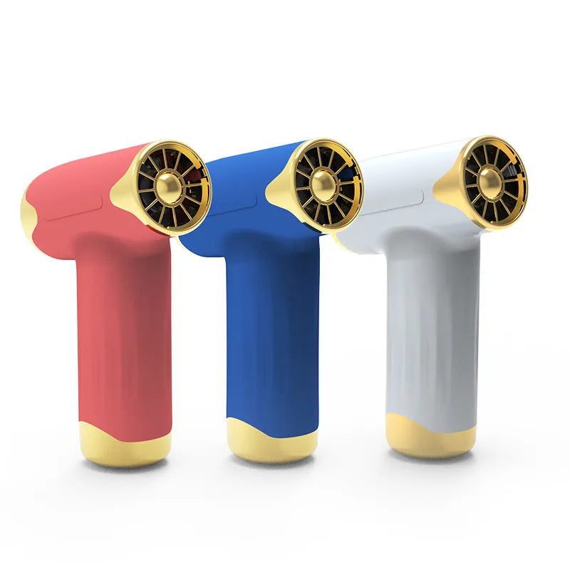 Blue handheld portable fan with brushless turbofan, shown with red and silver colour options.