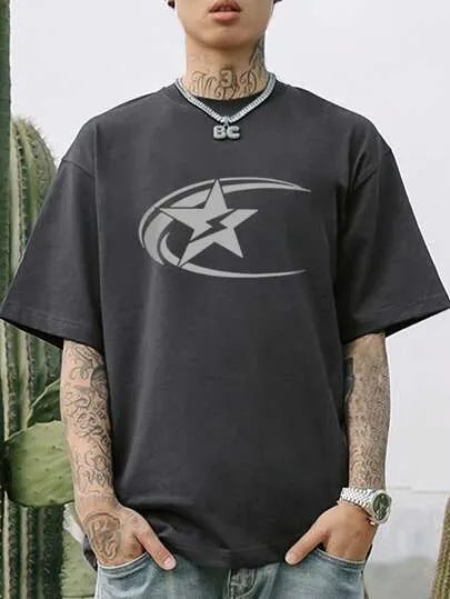 Men's pure cotton Japanese retro style t-shirt in dark grey colour with printed design