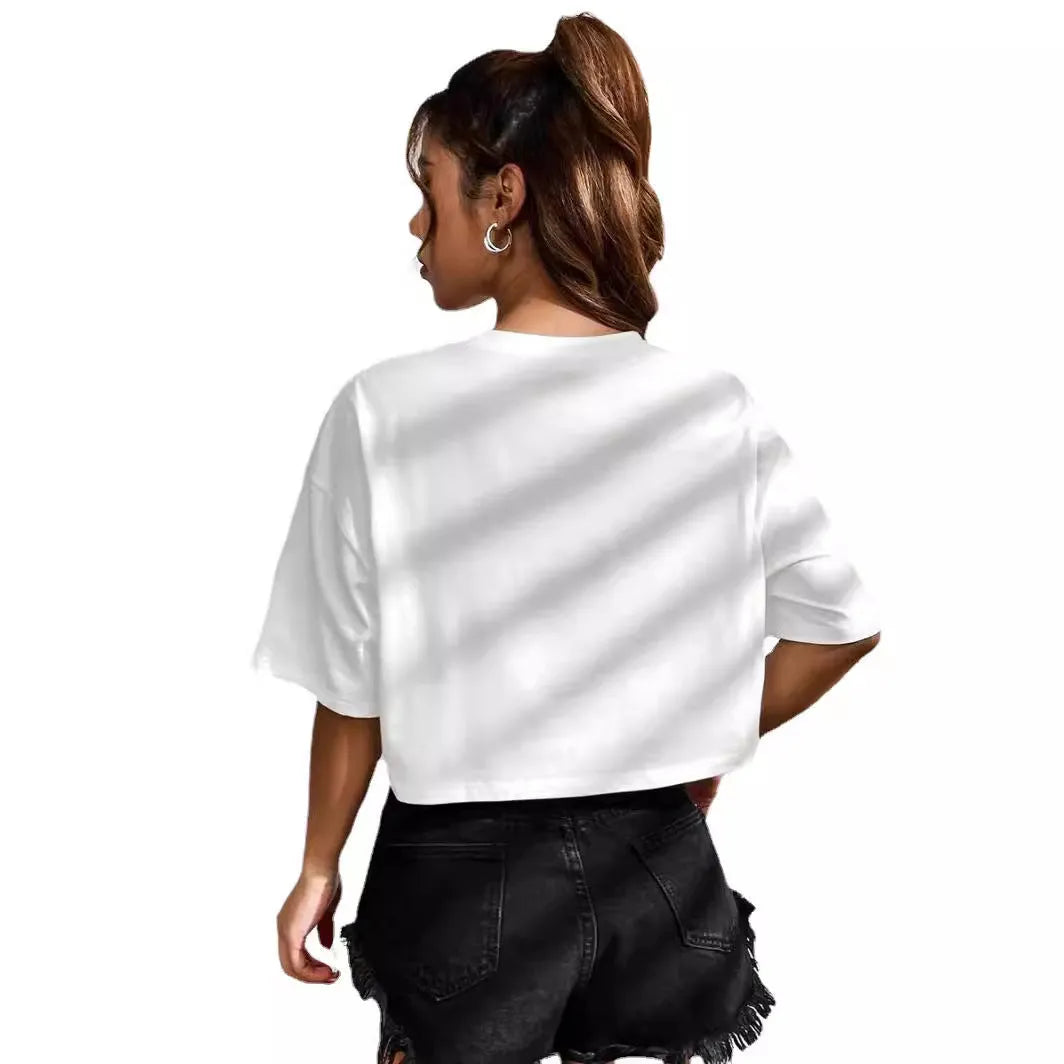 Loose fit cotton t-shirt with personalised English letter printing in exposed navel style