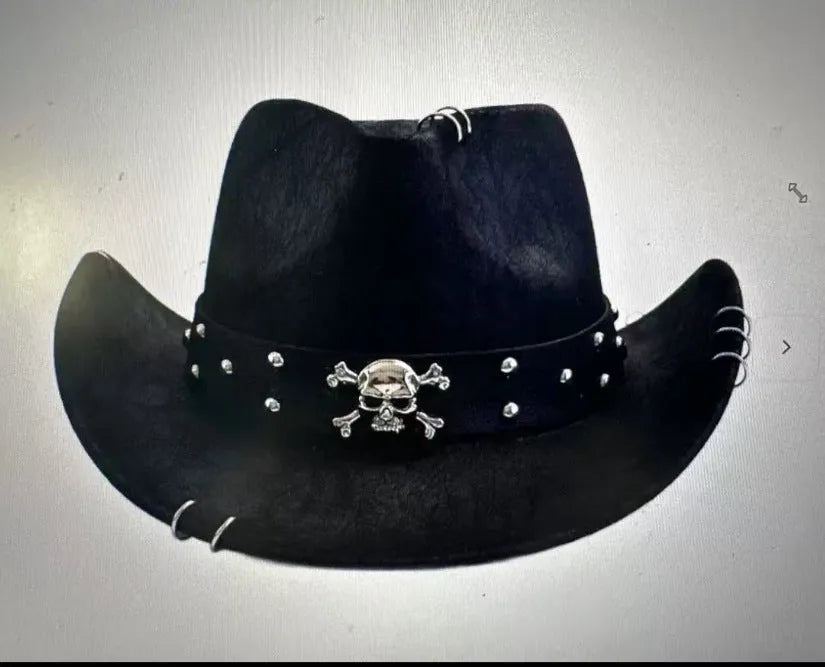 Brown leather velvet curved-edge western cowboy hat with a conical crown on a plain background.
