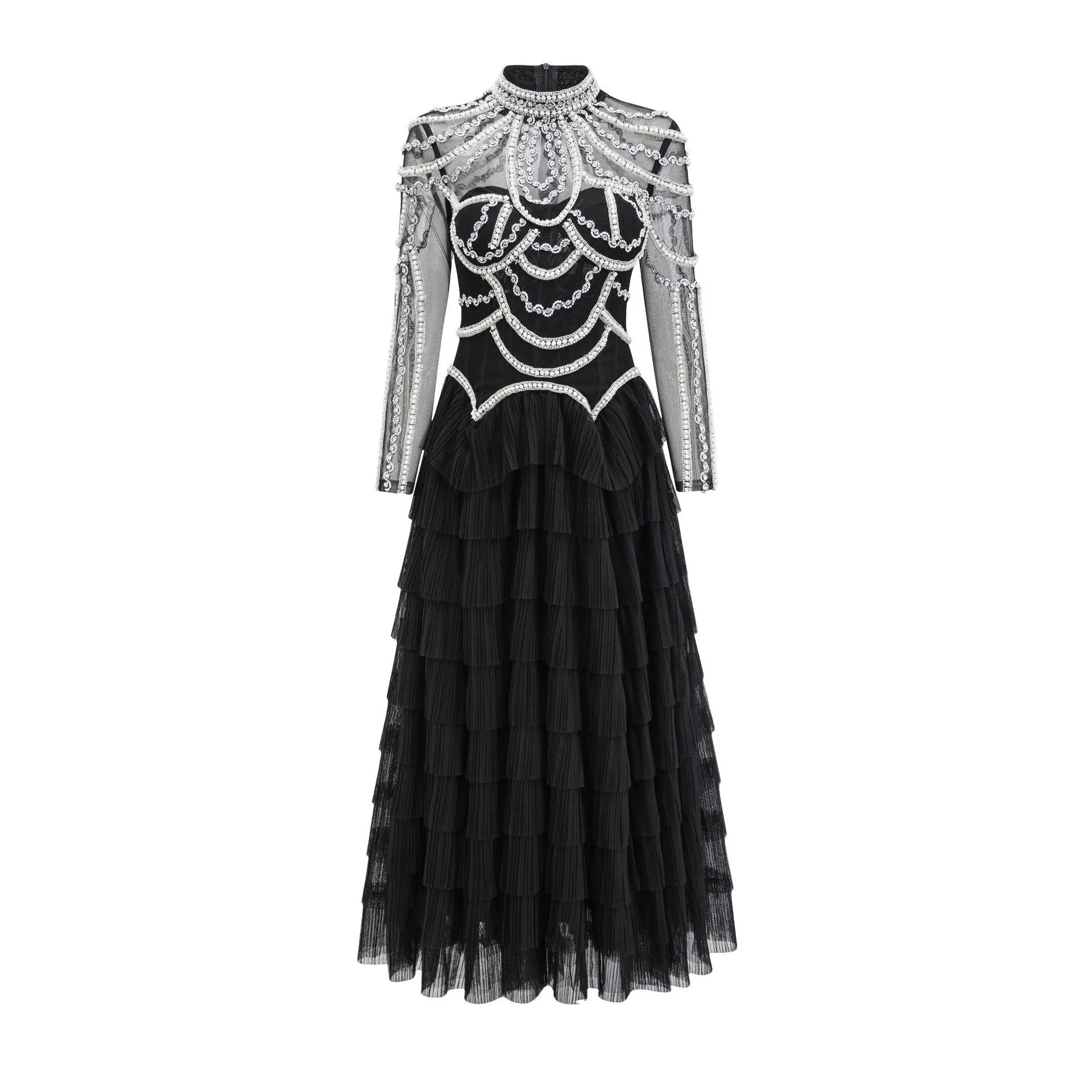 Women's black long sleeve dress with beaded decoration and mid waist design