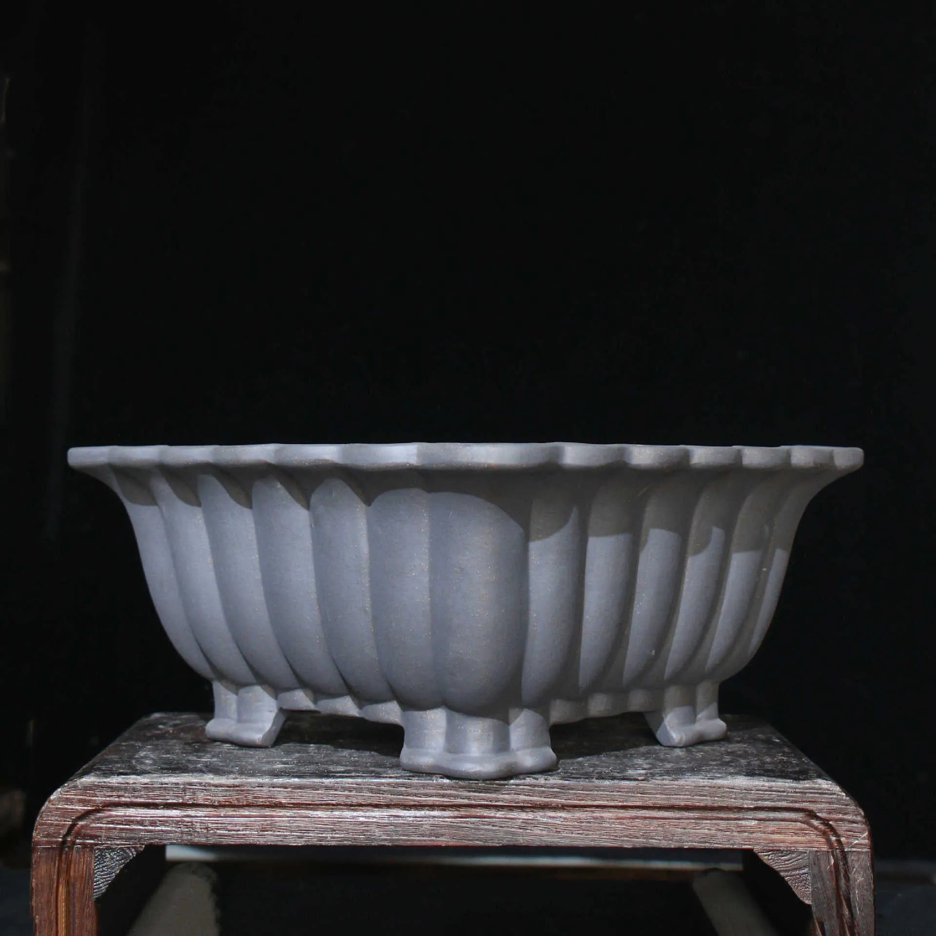 Square purple sand ceramic bonsai pot for desktop use, showing classical style.