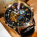 Black and rose gold automatic mechanical watch with hollow dial showing movement