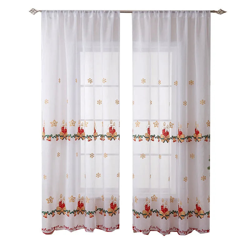 Pair of red and white Christmas curtains with embroidered snowflake design, showing light filtering through.