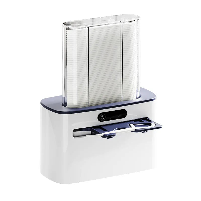 Automatic rechargeable dental floss box in dark grey, gold, and light grey colours with floss refill