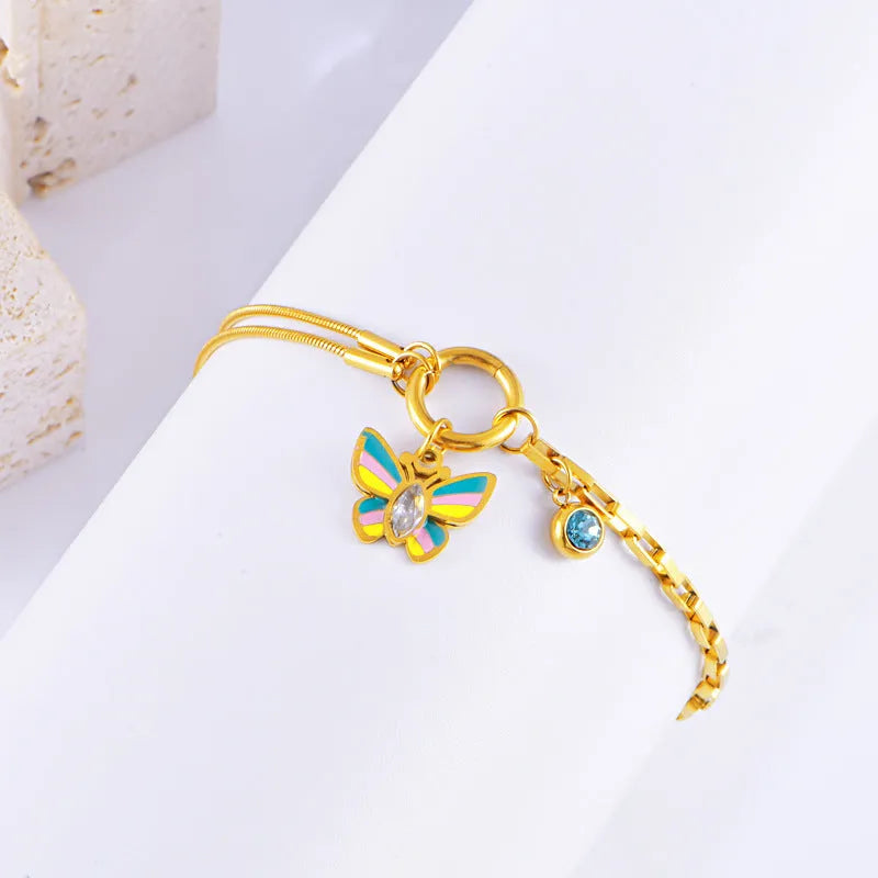 Gold colour epoxy butterfly necklace and bracelet set with animal zodiac design on titanium steel snake bones chain