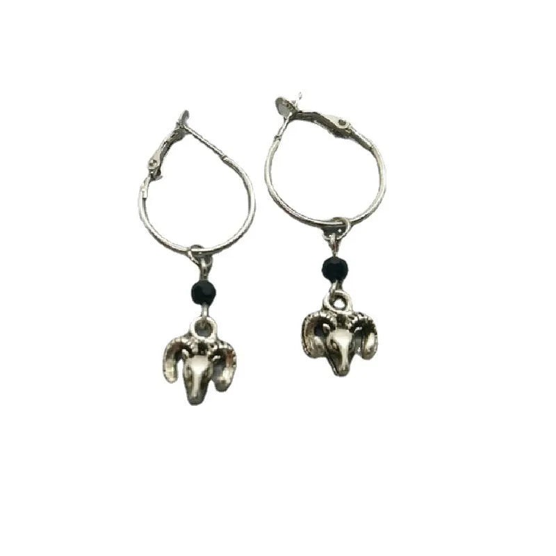 Silver round ring earrings with Tibetan antelope style design for women