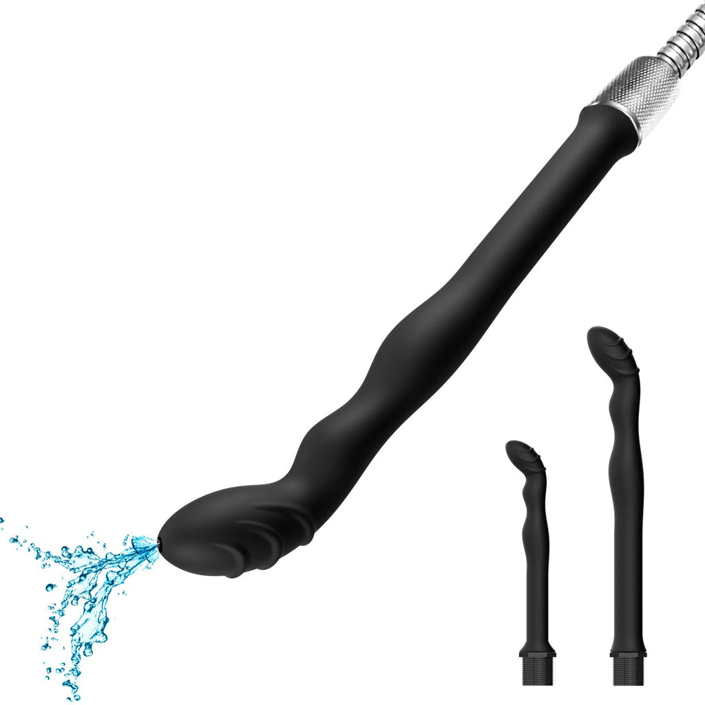Black silicone hosepipe flusher for enema procedures, shown in large and small size options