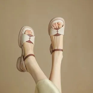 Women's chunky heel platform sandals with open toe design in khaki colour