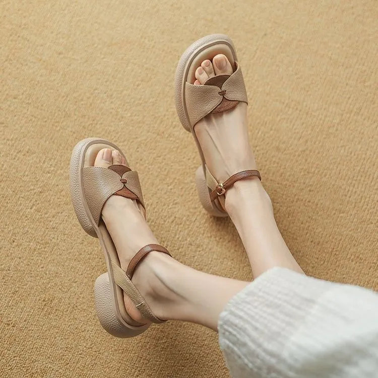 Women's chunky heel platform sandals with open toe design in khaki colour