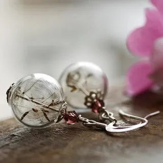 Transparent glass ball earrings with dandelion seed design on silver French hook