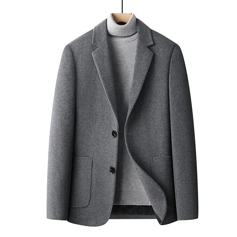 Men's slim fit grey wool blazer jacket for autumn and winter casual wear.