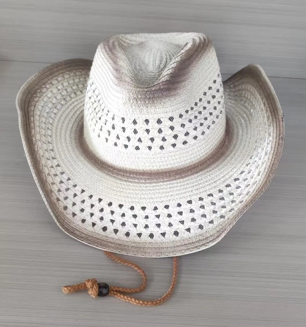 Brown leather velvet curved-edge western cowboy hat with a conical crown on a plain background.