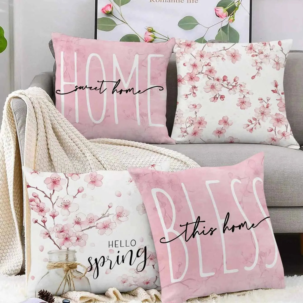 Square short velvet cushion cover with cherry blossom and letter design in 45x45cm size.