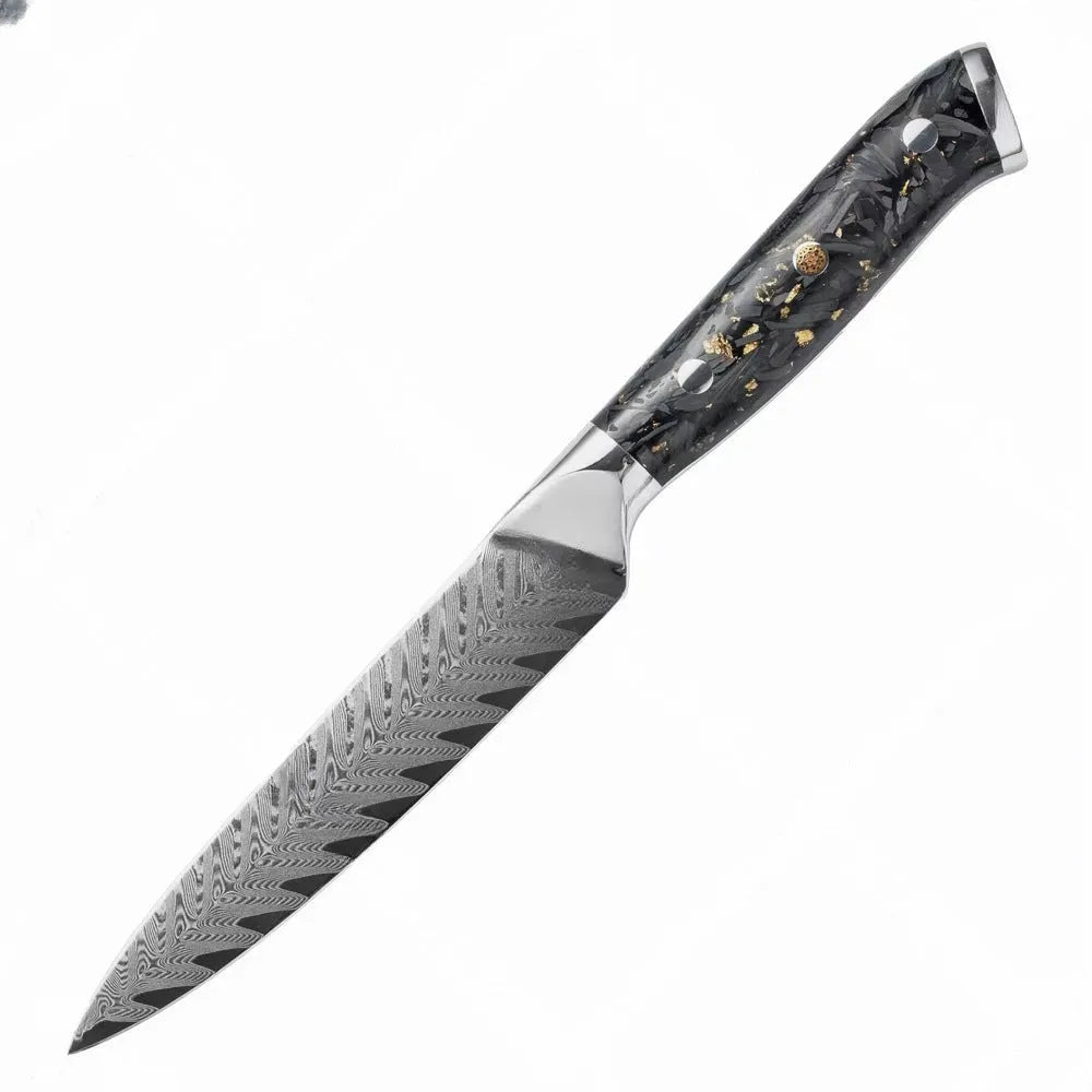 Damascus steel kitchen knife set showing eight different blade sizes with fishbone pattern detailing