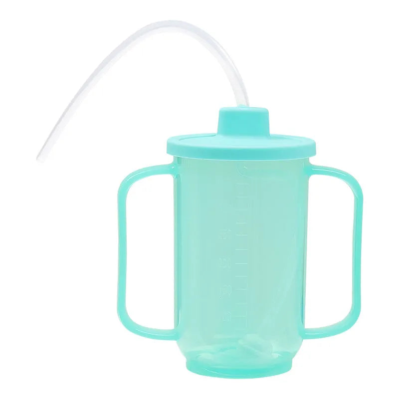 Adult anti-choke care cup with slanted spout, handle and lid in PP material