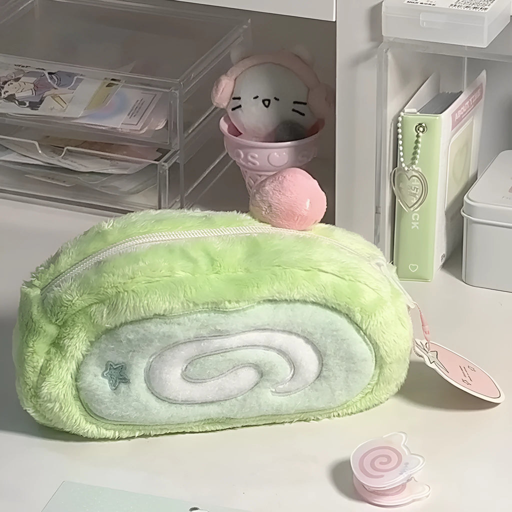 Honeydew Roll plush velvet pencil case with Swiss roll cake design for stationery storage.