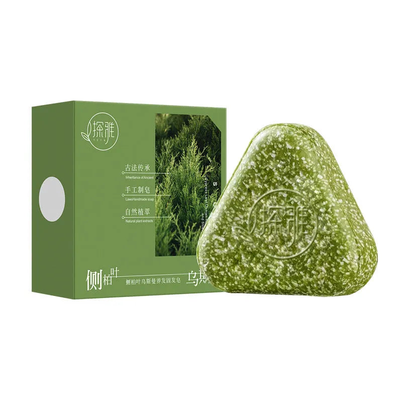 A 120g Chinese Arborvitae Twig Usman herbal hair care soap bar measuring 4.2x3.9x1.2cm.