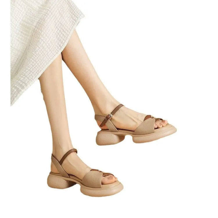 Women's chunky heel platform sandals with open toe design in khaki colour