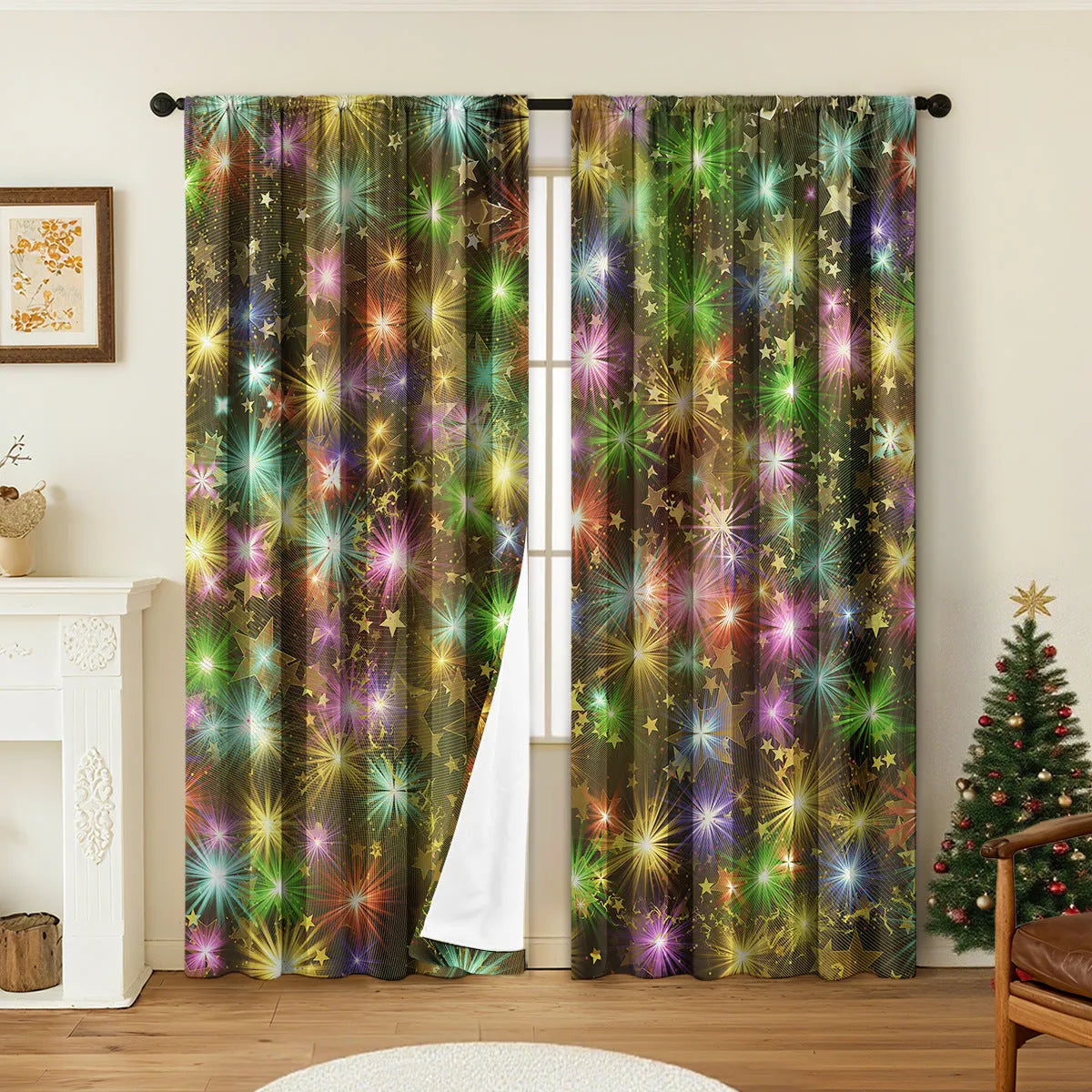 Pair of 3D digitally printed Christmas pattern blackout curtains hanging on a window.