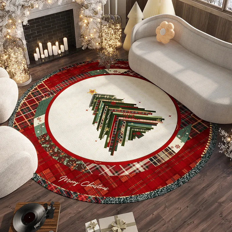 Round red Christmas carpet with festive patterns and non-slip backing for living room floor decoration