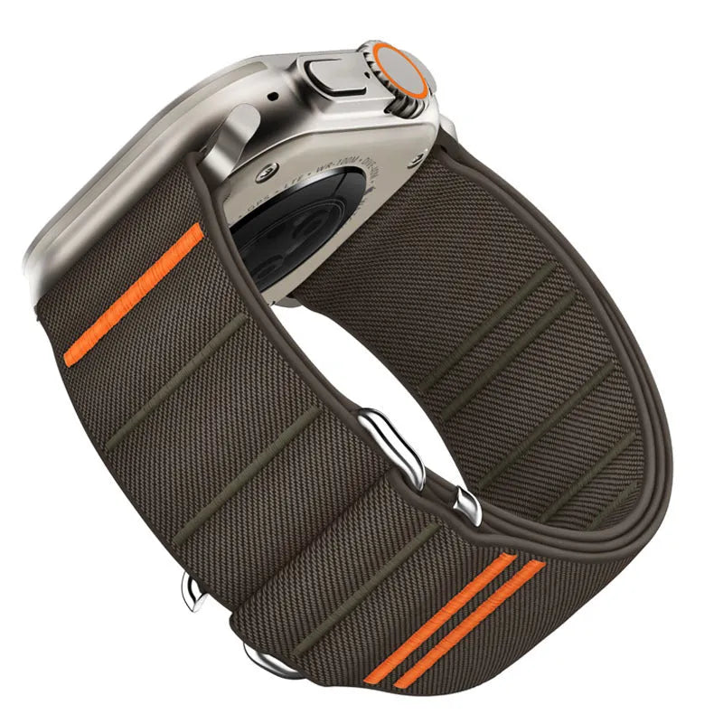 Elastic nylon Apple Watch compatible band with stainless steel buckle shown in multiple colour options
