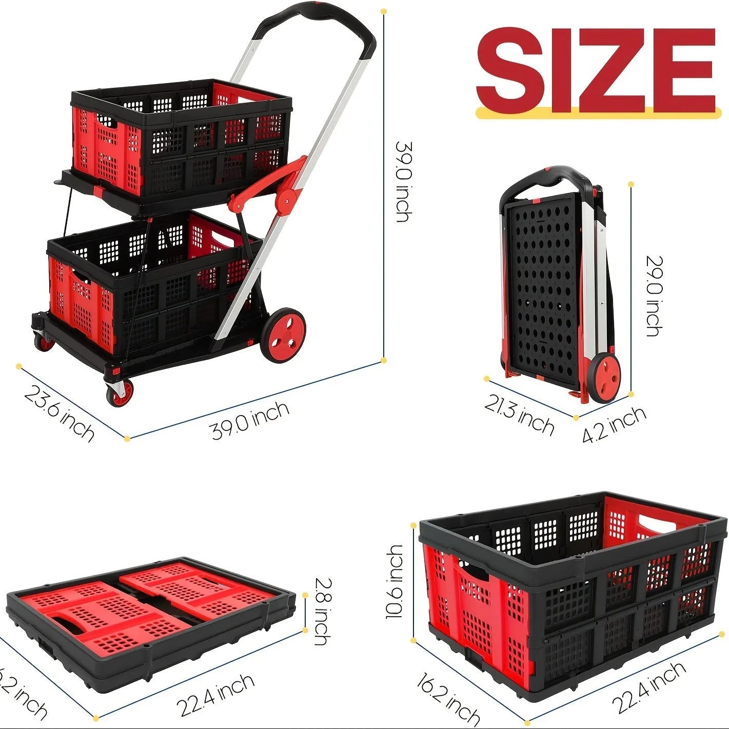 Foldable plastic shopping cart with two-basket design in blue colour variant
