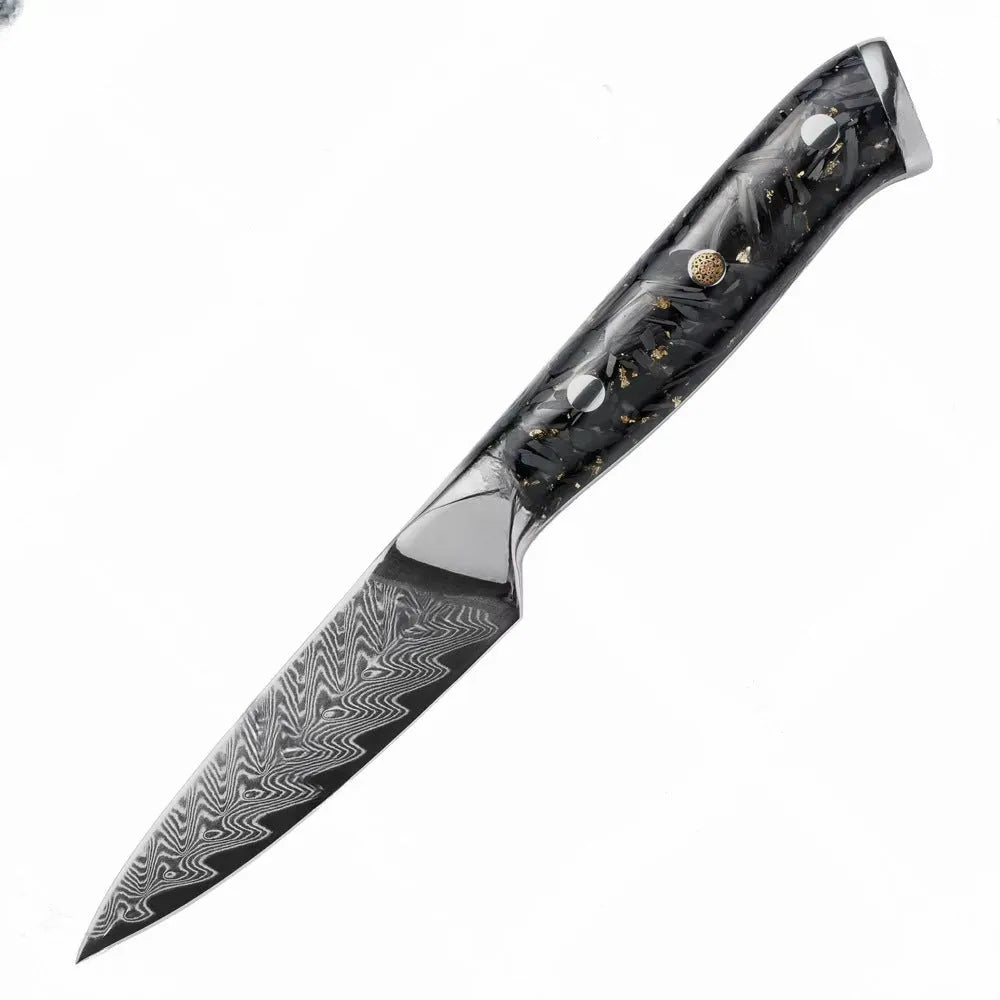 Damascus steel kitchen knife set showing eight different blade sizes with fishbone pattern detailing