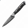 Damascus steel kitchen knife set showing eight different blade sizes with fishbone pattern detailing