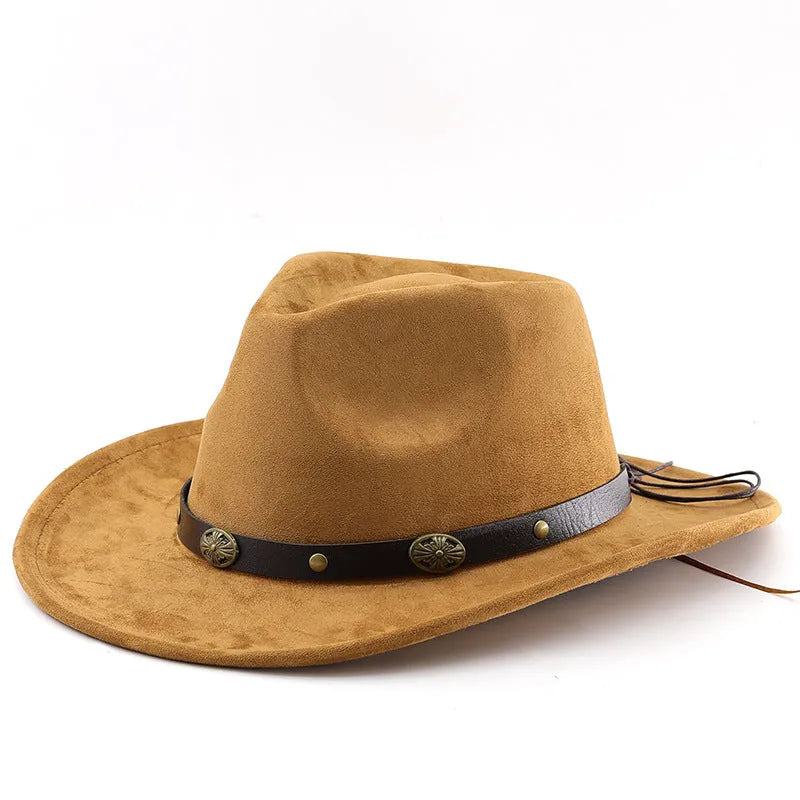 Brown leather velvet curved-edge western cowboy hat with a conical crown on a plain background.