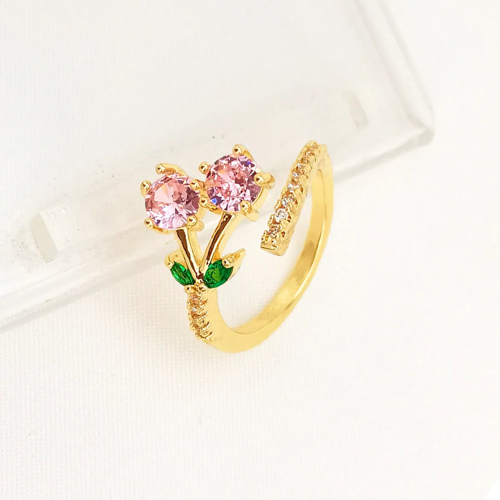 Women's copper geometric open ring with micro-inlaid leaf design or pink detail, gold plated finish