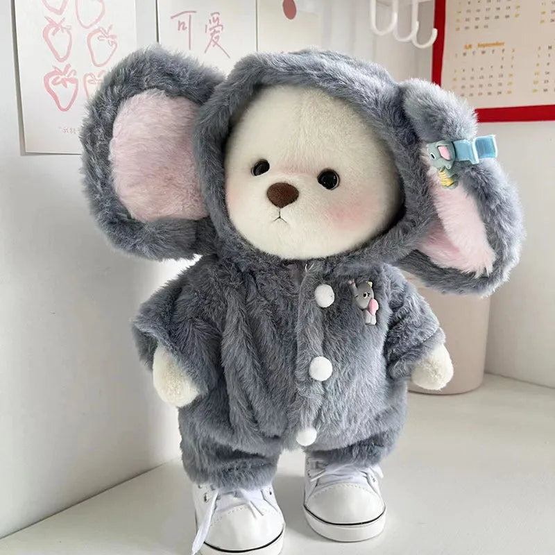 Grey elephant print plush jumpsuit suit for a 30cm Lina bear doll.