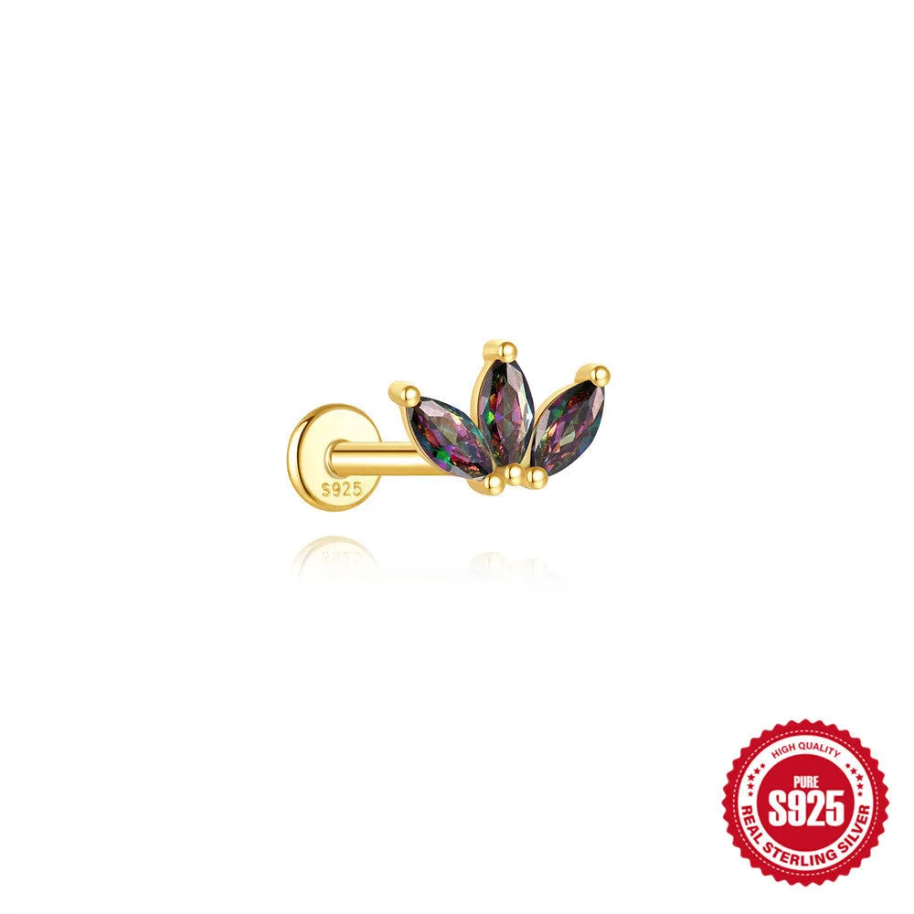 S925 sterling silver flat head thread ear stud with super shiny rainbow stone finish in a gold colour.