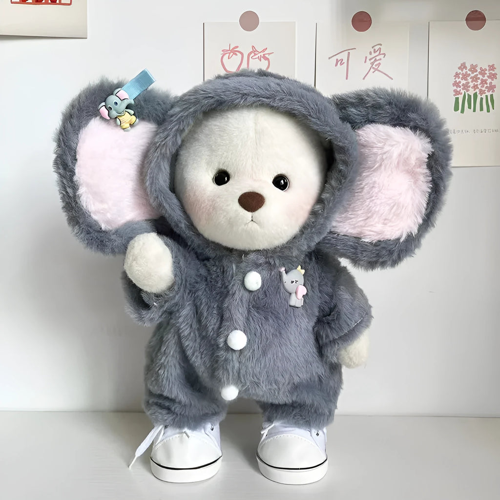 Grey elephant print plush jumpsuit suit for a 30cm Lina bear doll.