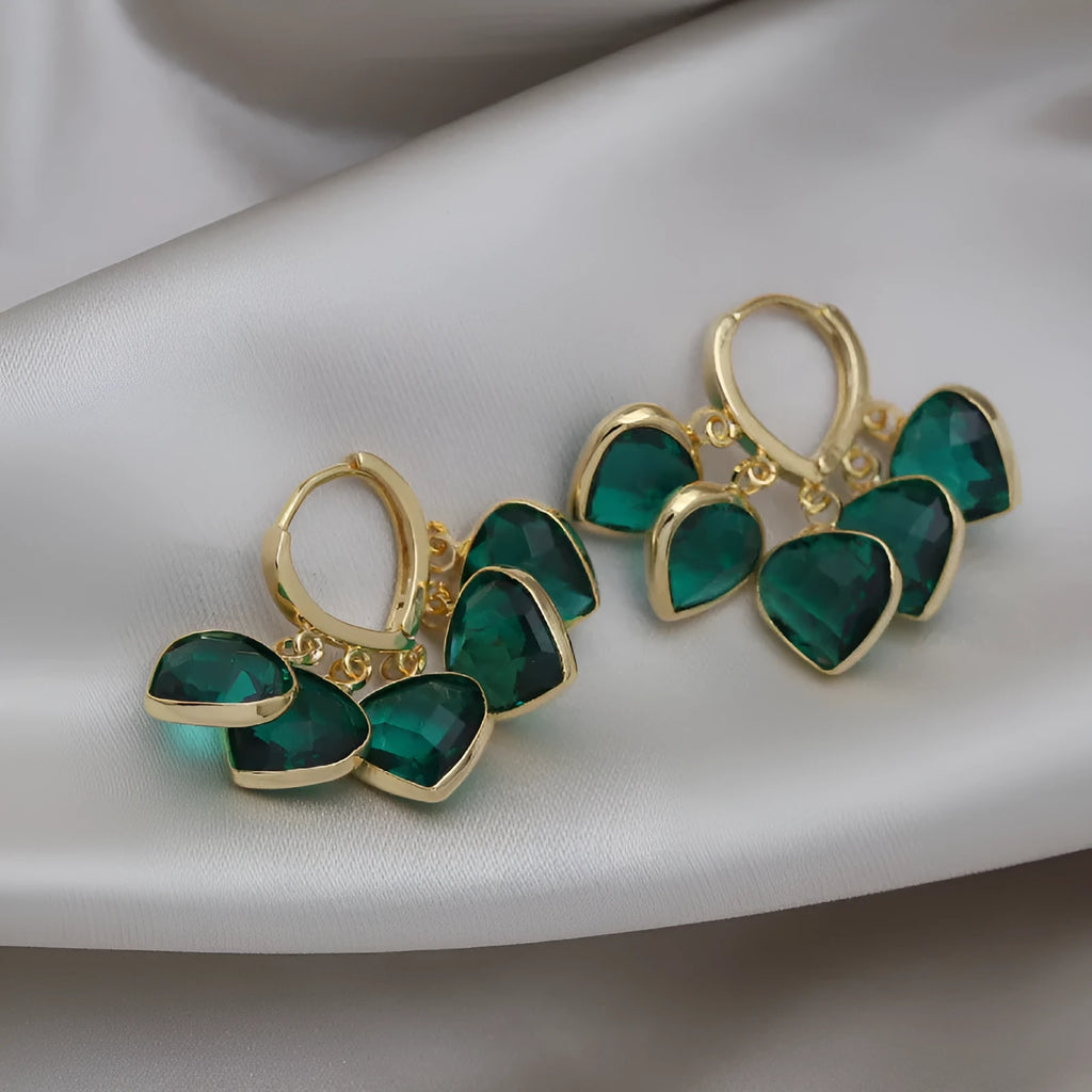 Green heart pendant glass ear clip earrings with Korean style design and alloy gemstone details