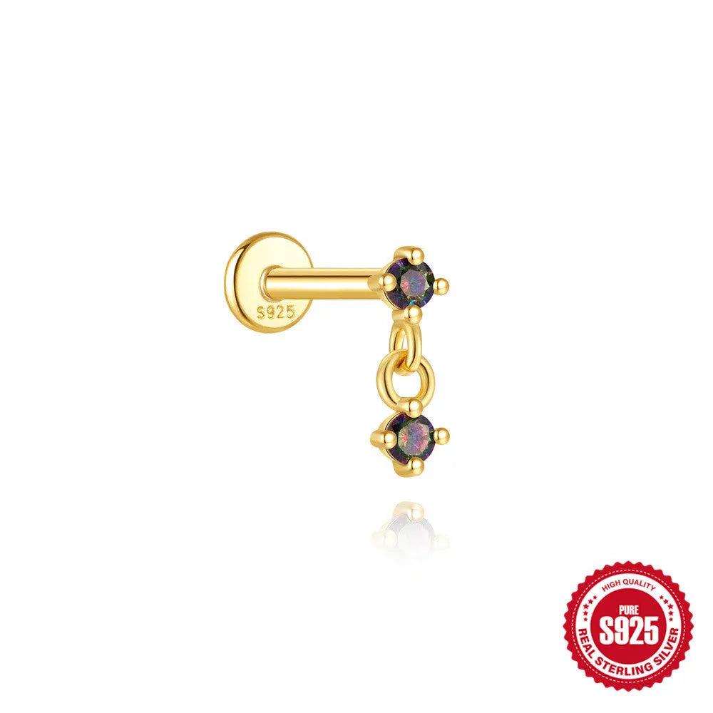 S925 sterling silver flat head thread ear stud with super shiny rainbow stone finish in a gold colour.