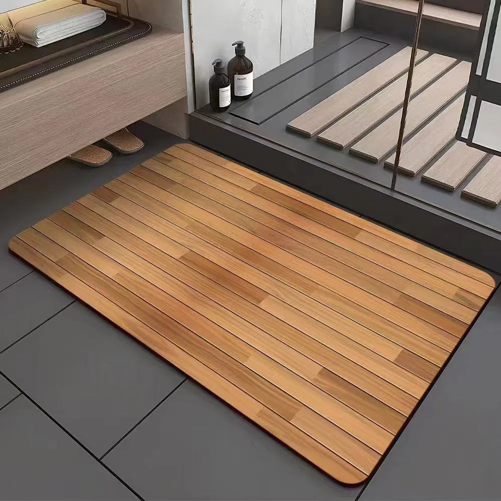 Square diatomite bathroom floor mat with wood grain pattern on bathroom tiles