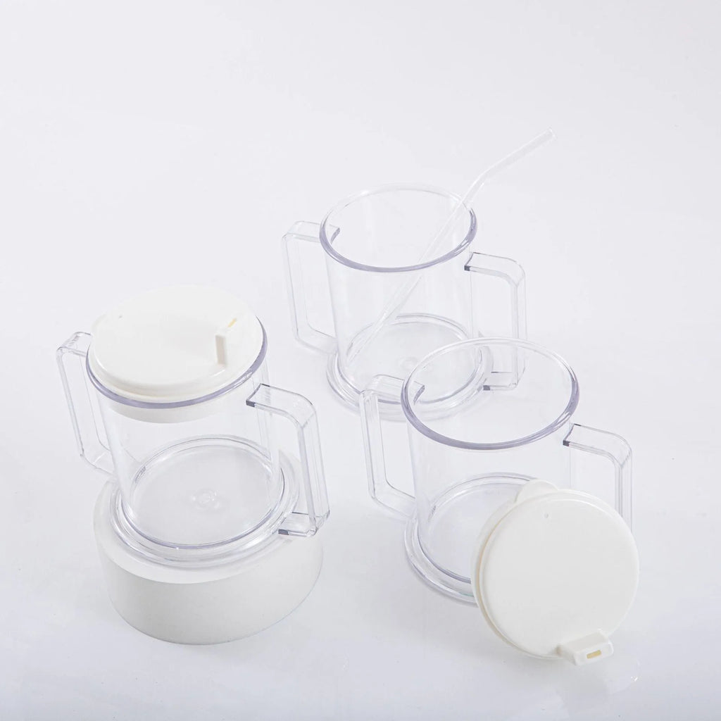 Transparent plastic drinking cup with spill-proof lid showing 14cm height and 12cm diameter dimensions