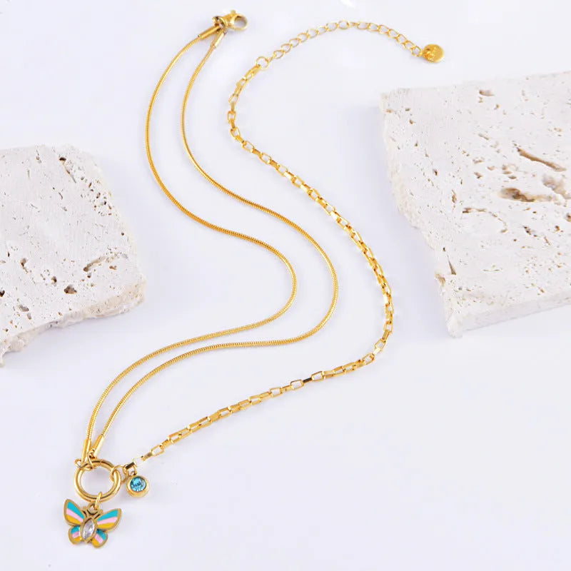 Gold colour epoxy butterfly necklace and bracelet set with animal zodiac design on titanium steel snake bones chain