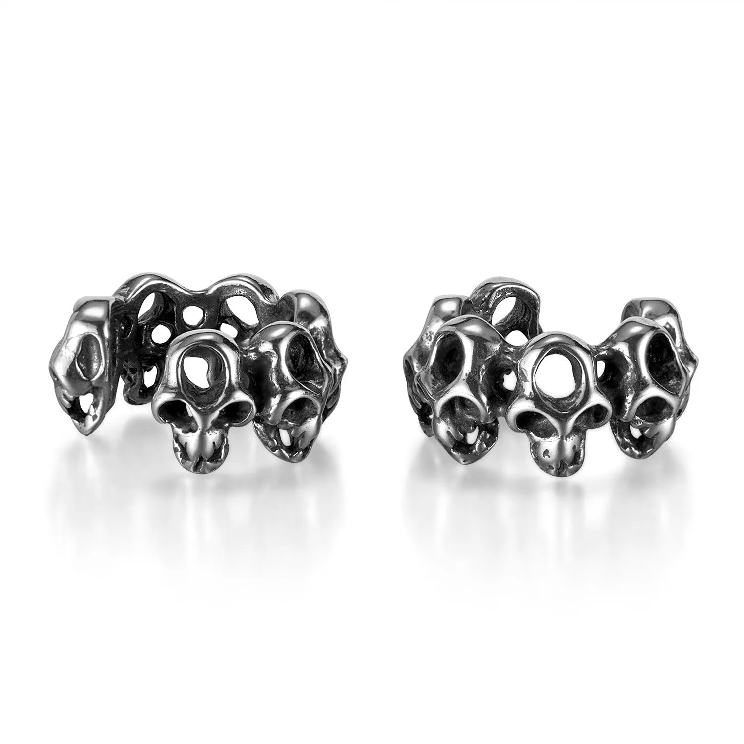 Retro geometric skull earrings in stainless steel with ear clip fitting.
