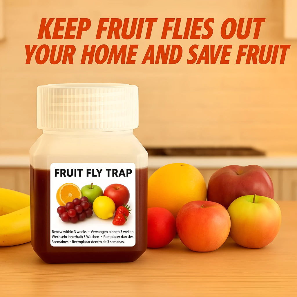 Bottle of fruit fly trapper bait liquid with specification options for trap systems.