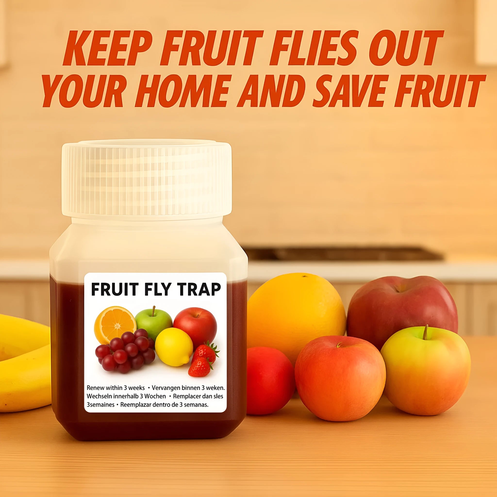 Bottle of fruit fly trapper bait liquid with specification options for trap systems.